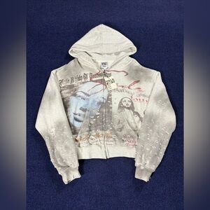 VALE USA Vintage-Style Distressed Graphic Zip-Up Hoodie – Grey (Size S)